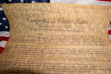 Bill of rights United states vintage document on usa flag background