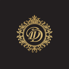 Initial letter DD, overlapping monogram logo, decorative ornament badge, elegant luxury golden color