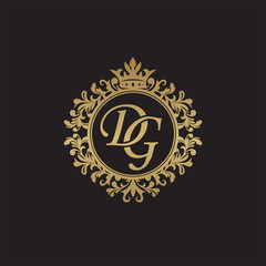 Initial letter DG, overlapping monogram logo, decorative ornament badge, elegant luxury golden color
