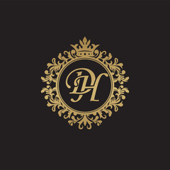 Naklejka premium Initial letter DH, overlapping monogram logo, decorative ornament badge, elegant luxury golden color