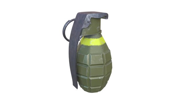 Hand bomb frag grenade green metal with scratches and round pin over. Available in 4K FullHD video render footage