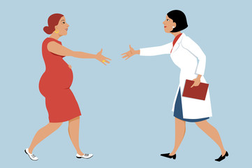 Pregnant woman visiting a female OB-GYN, shaking hands with a doctor, EPS 8 vector illustration