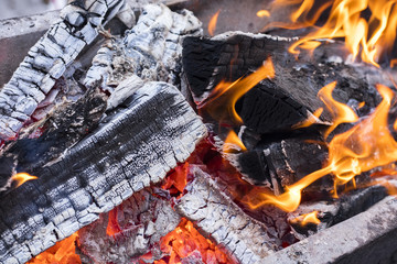 Burning wood and coal in fireplace. Close-up