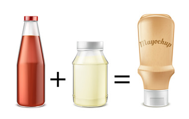 Sauce recipe vector concept illustration. Tomato ketchup mixed with mayonnaise to get mayochup, condiment for eating and cooking. Mockup with glass bottle and plastic jars for product advertising