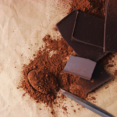 pieces of chocolate and cocoa. black chocolate.