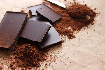pieces of chocolate and cocoa. black chocolate.