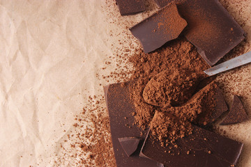 pieces of chocolate and cocoa. black chocolate.