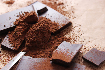 pieces of chocolate and cocoa. black chocolate.