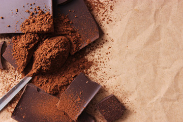 pieces of chocolate and cocoa. black chocolate.