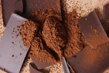pieces of chocolate and cocoa. black chocolate.