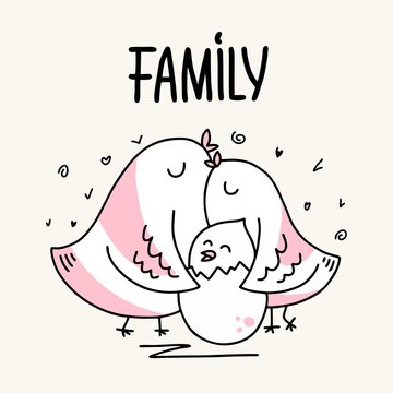 Family of two parents bird father and mother hug her baby. Cartoon flat vector animal illustration card