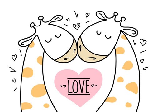 Two cute giraffes on white isolated background. Cartoon Valentine`s Day card vector flat animal illustration
