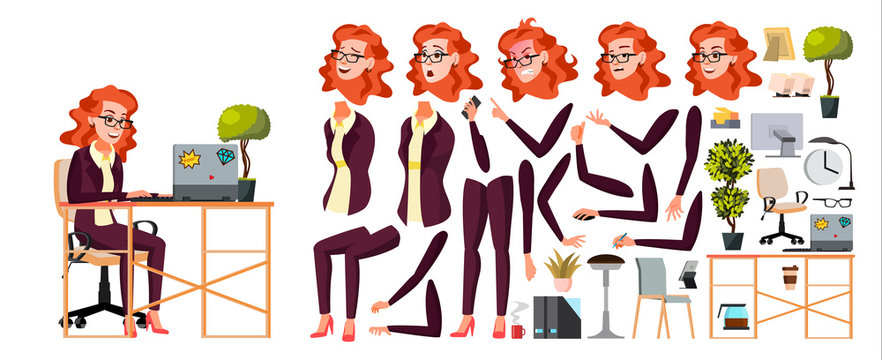 Office Worker Vector. Woman. Businessman Human. Lady Face Emotions, Various Gestures. Animation Creation Set. Isolated Flat Cartoon Character Illustration