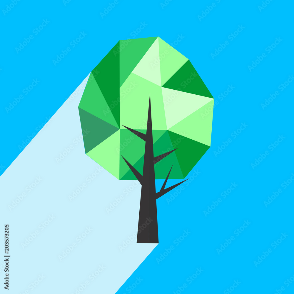 Aufkleber abstract polygonal tree with long shadow on color background. tree low poly - elements for icons or 