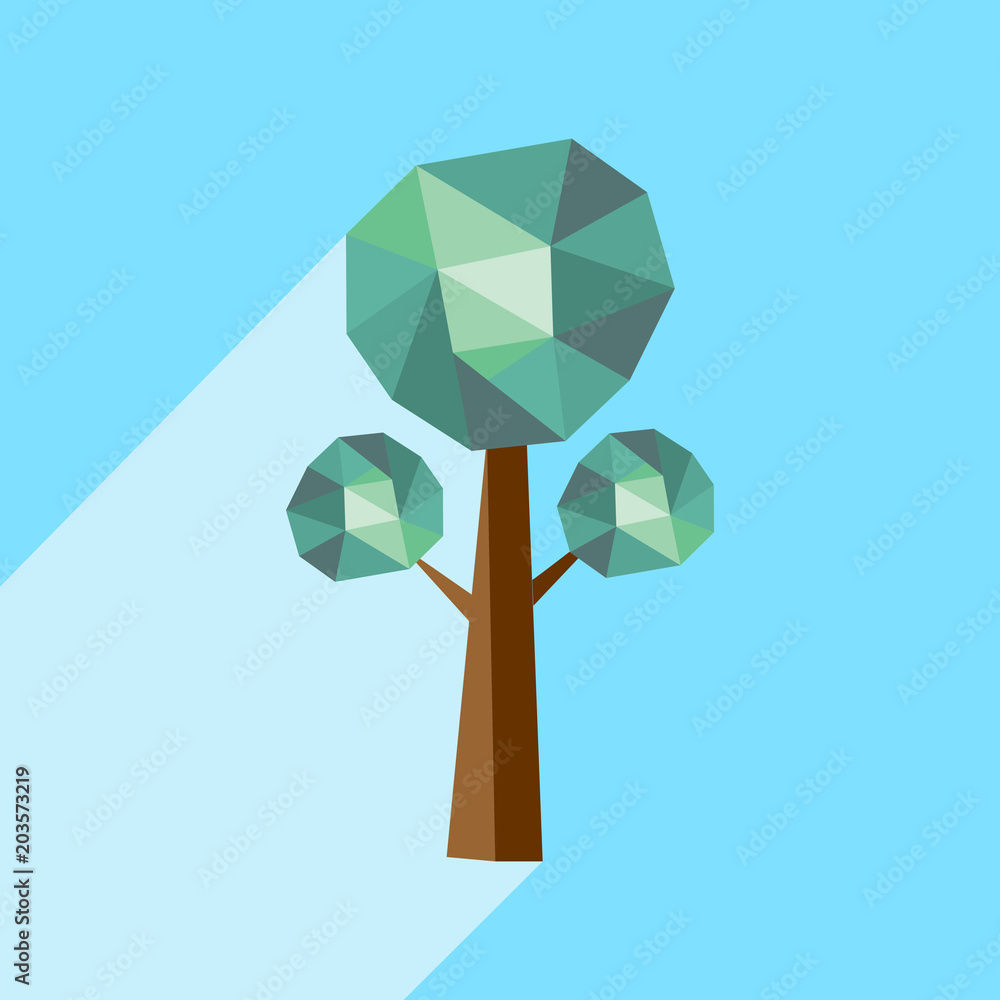 Aufkleber abstract polygonal tree with long shadow on color background. tree low poly - elements for icons or 