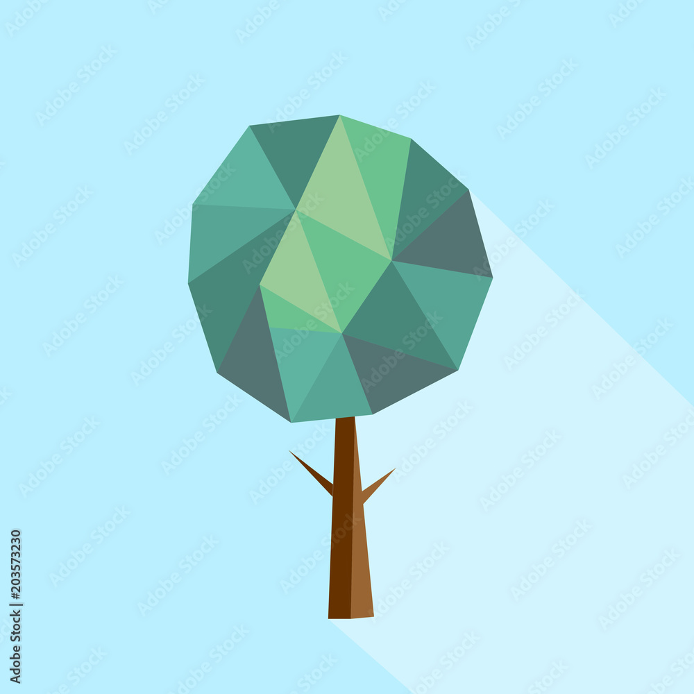 Aufkleber abstract polygonal tree with long shadow on color background. tree low poly - elements for icons or 