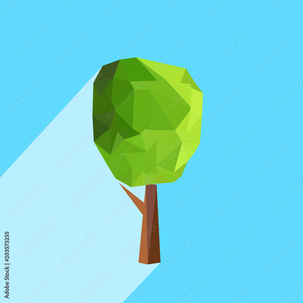 Aufkleber abstract polygonal tree with long shadow on color background. tree low poly - elements for icons or 