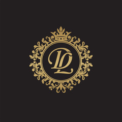 Initial letter DL, overlapping monogram logo, decorative ornament badge, elegant luxury golden color