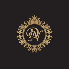 Initial letter DN, overlapping monogram logo, decorative ornament badge, elegant luxury golden color