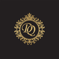 Initial letter DQ, overlapping monogram logo, decorative ornament badge, elegant luxury golden color