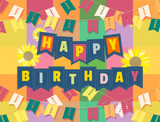 Happy Birthday Card. Colorful cartoon with sunflowers. Poster on party celebration. Idea for design of anniversary greeting holiday event banner, birth day decoration background. Vector illustration.