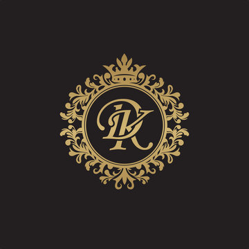 Initial letter DK, overlapping monogram logo, decorative ornament badge, elegant luxury golden color