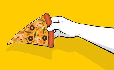 Person hand holding pizza slice