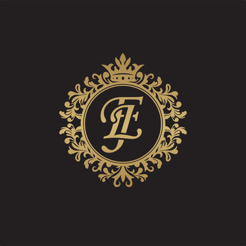 Initial letter EJ, overlapping monogram logo, decorative ornament badge, elegant luxury golden color