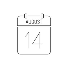 August 14 calendar icon line, outline page. Birthday of the Portuguese bullfight. Wedding reminder. Special date