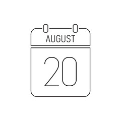 August 20 calendar icon line, outline page. Deadline reminder. Special date