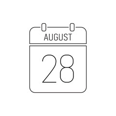August 28 calendar icon line, outline page. Deadline reminder. Special date
