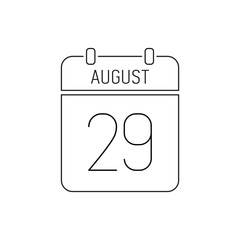 August 29 calendar icon line, outline page. Deadline reminder. Special date