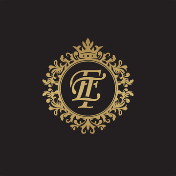Initial letter ET, overlapping monogram logo, decorative ornament badge, elegant luxury golden color