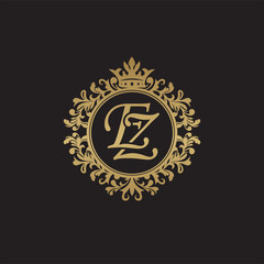 Initial letter EZ, overlapping monogram logo, decorative ornament badge, elegant luxury golden color