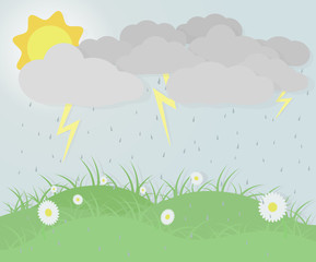 Banner wallpaper about a cloudy day spring with flowers, grass,  grey clouds, sun, rain and thunders. EPS 10 Vector Illustration.