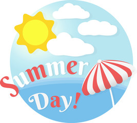 Banner design about a perfect summer day in holidays with sun, white clouds, sea and an umbrella. Sunny beach day. EPS 10 Vector Illustration.