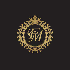Initial letter FM, overlapping monogram logo, decorative ornament badge, elegant luxury golden color