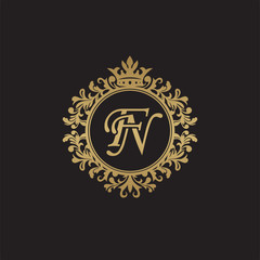 Initial letter FN, overlapping monogram logo, decorative ornament badge, elegant luxury golden color