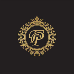Initial letter FP, overlapping monogram logo, decorative ornament badge, elegant luxury golden color