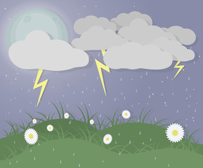 Banner wallpaper about a cloudy night spring with flowers, grass,  grey clouds, stars, moon, rain and thunders. EPS 10 Vector Illustration.