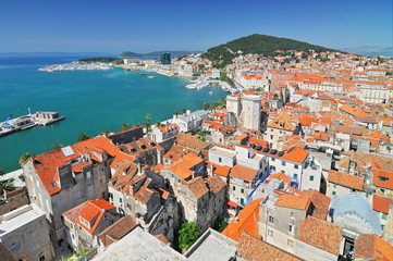 View of Split from Bell Tower of the cathedral of Saint Doimus, Croatia.