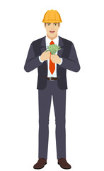 Businesswoman in construction helmet counts the cash money