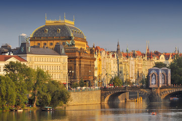 Prague National Theatre along the river Vltava.