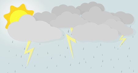 Background wallpaper about a storm day with thunders, rain, sun and grey clouds. EPS 10 Vector Illustration.