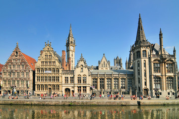 Picturesque medieval buildings overlooking the Graslei harbor on Leie river in Ghent town Belgium...