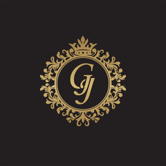 Initial letter GJ, overlapping monogram logo, decorative ornament badge, elegant luxury golden color