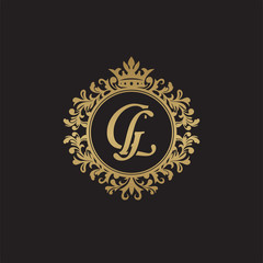 Initial letter GL, overlapping monogram logo, decorative ornament badge, elegant luxury golden color