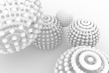 Spheres, modern style soft white & gray background. Light, dreamy, black & perspectives.