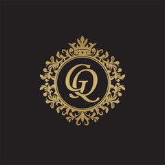 Initial letter GQ, overlapping monogram logo, decorative ornament badge, elegant luxury golden color