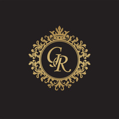 Initial letter GR, overlapping monogram logo, decorative ornament badge, elegant luxury golden color